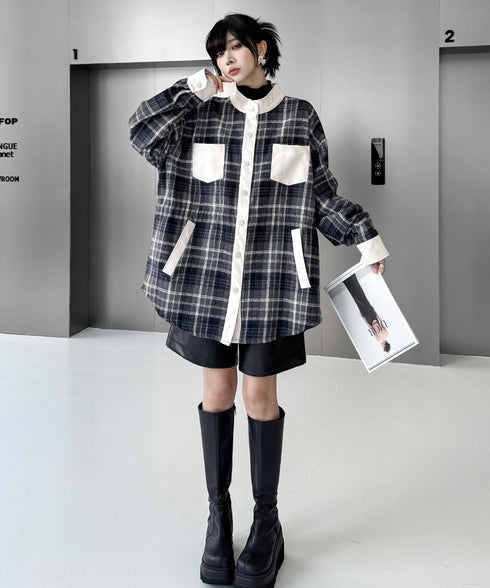 Contrast Panel Check Shirt Jacket